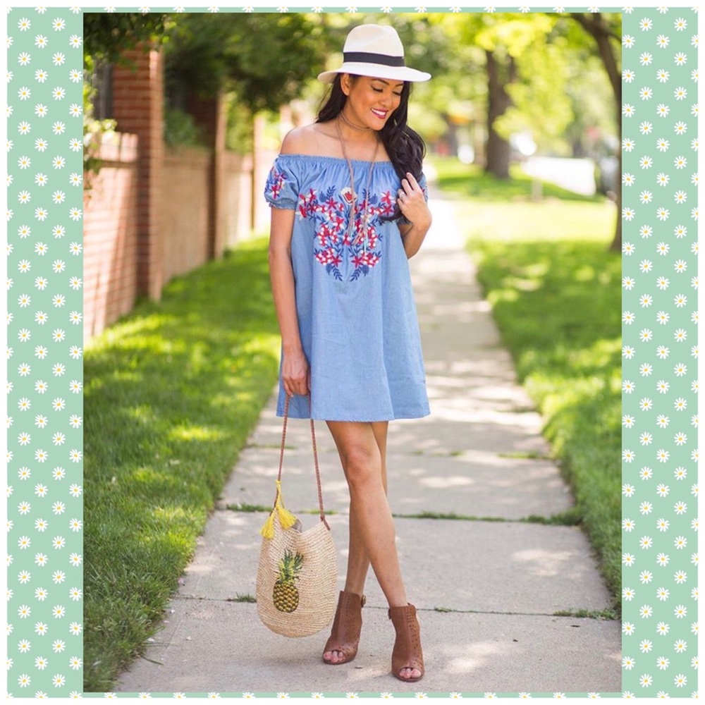 Off Shoulder Embroidered Indigo Dress NWT